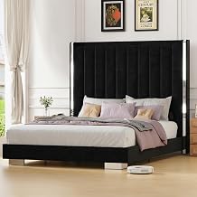 Queen Size Bed Frame, 58" Tall Wingback Headboard Bed Frame,Black