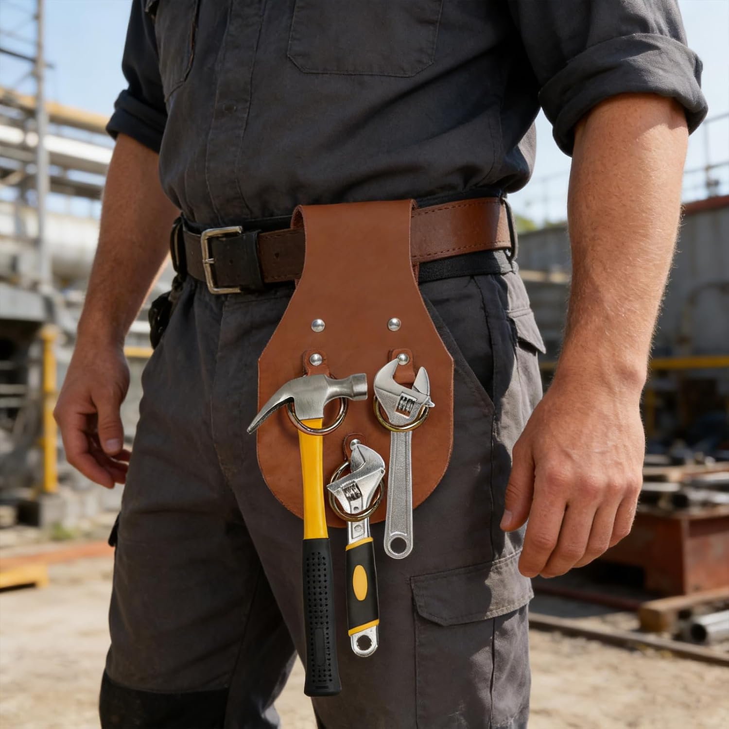 3 Ring Spud Wrench Holder for Tool Belt, Heavy-Duty Leather Ironworker Tool Holster with Welded Steel Rings for Tool Organization (1)
