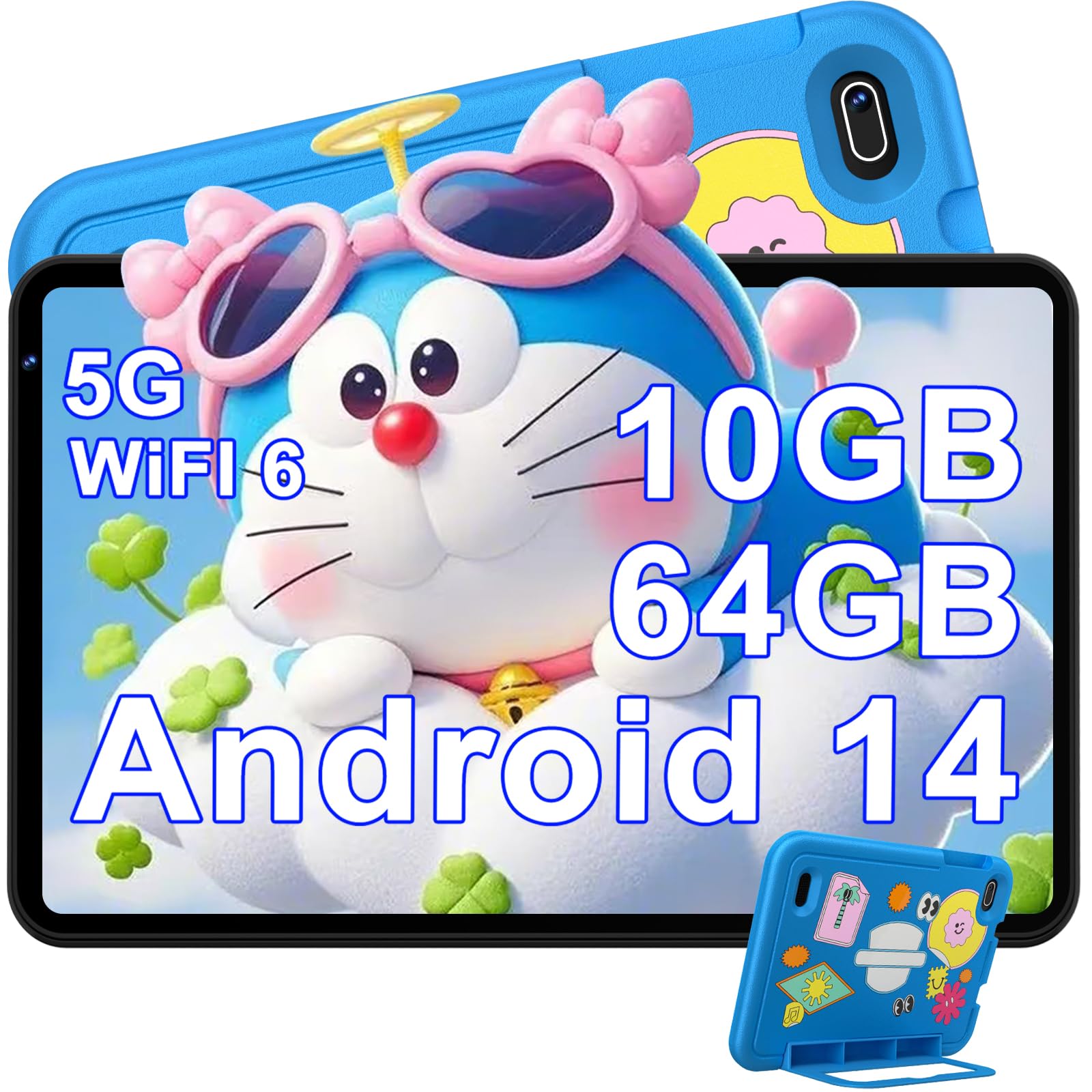 DEERTiME Tablet Andorid 14 Bambini 7 Pollici 10GB RAM + 64GB ROM (TF 1TB), WiFi 6, BT5.0, Octa-Core, Controllo Parentale | Doppia Fotocamera | GMS Certificated | GPS | Tablet con Custodia EVA - Blu