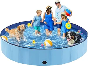 Eooqi Foldable Dog Pool for Large Dogs & Kids, 97-Inch Hard-Side Collapsible Kiddie Pool, Heavy Duty Leakproof PVC with Non-Slip Bottom & Drain, Indoor/Outdoor Blue