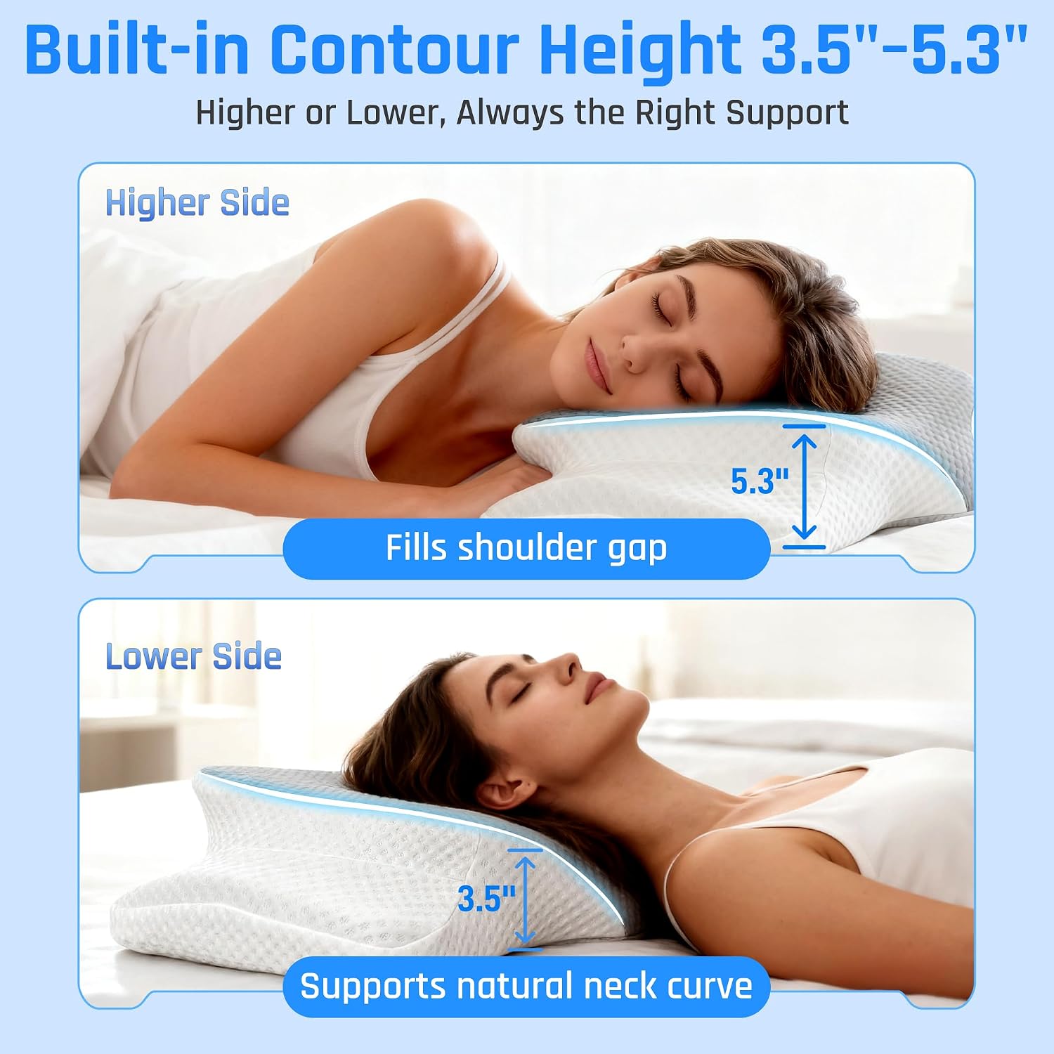 AlignCore Cervical Neck Pillow - Ergonomic Firm Memory Foam Bed Pillows for Sleeping, Neck Pillows for Pain Relief, Back and Side Sleeper Pillow (White with Gray Surface)