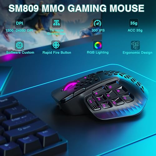 Miniatura 2 de SOLAKAKA SM809 Pro - Mouse para juegos con 9 botones laterales, mouse RGB de 24000 DPI para jugadores, 16 macros programables MMO, color negro