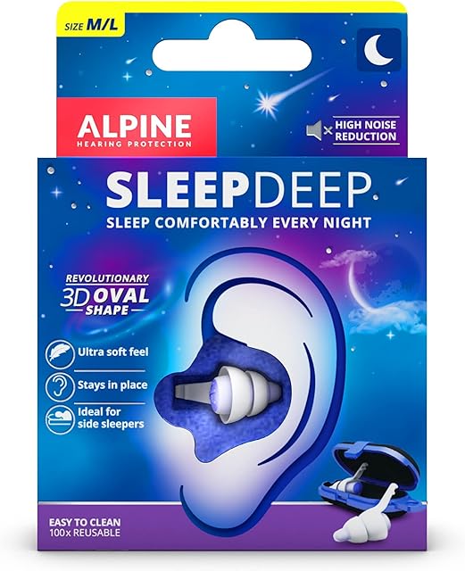 Alpine SleepDeep zatyczki do uszu do spania - Nowy owalny kształt 3D - Wbudowany żel redukujący hałas - maksymalny komfort i tłumienie - zatyczki redukujące hałas z miękkimi filtrami - Rozmiar M/L