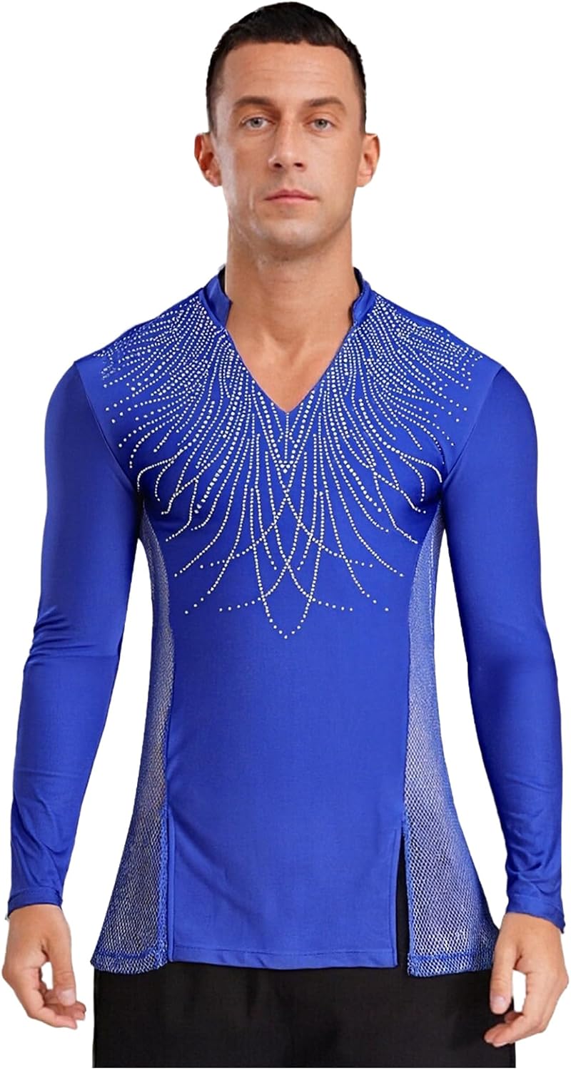 Shinsto Men Lapel V Neck Long Sleeve Ballet Figure Skating Shirts Sheer Mesh Latin Jazz Dance Top