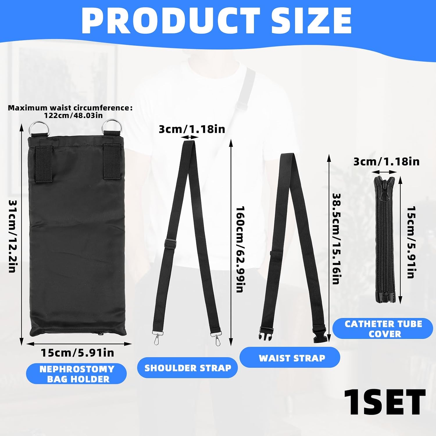 Nephrostomy Bag Holder, Washable Catheter Bag Covers with Adjustable Shoulder Strap Waist Belt & Tube Cover, Urine Drainage Bag Holder for Safety & Dignity, Fits 1000ml Bags (Black)