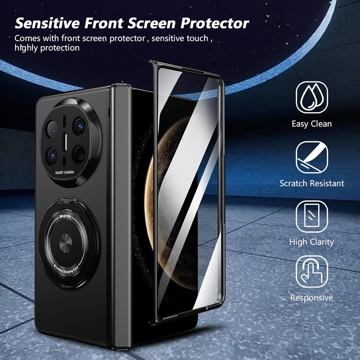 Magnetic for Huawei Mate X6 Case with Ring Holder, Built in Screen Protector Camera Protection Slim Thin Hard PC Kickstand Magnet Shockproof Protective Case, Black