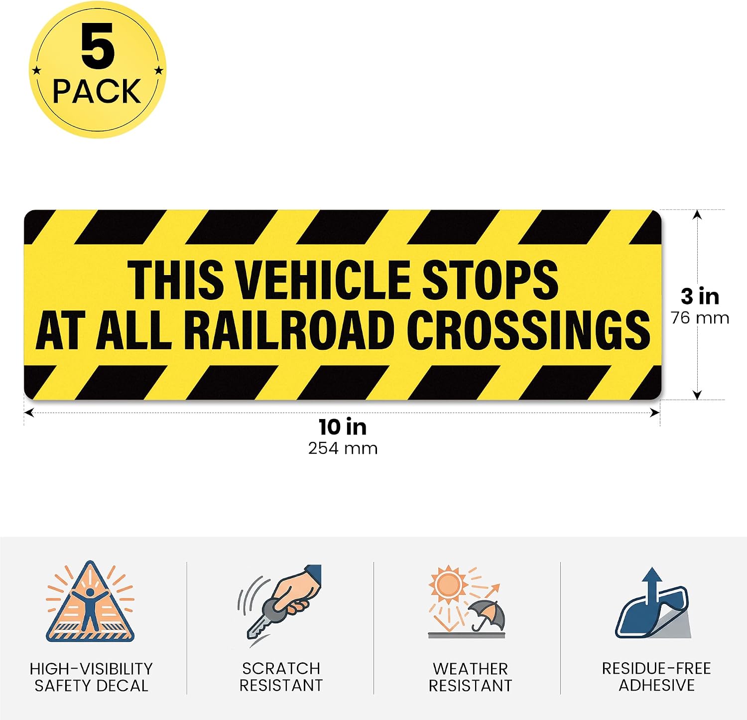 5 PCS This Vehicle Stops At All Railroad Crossings Sticker 10"x3" image 2