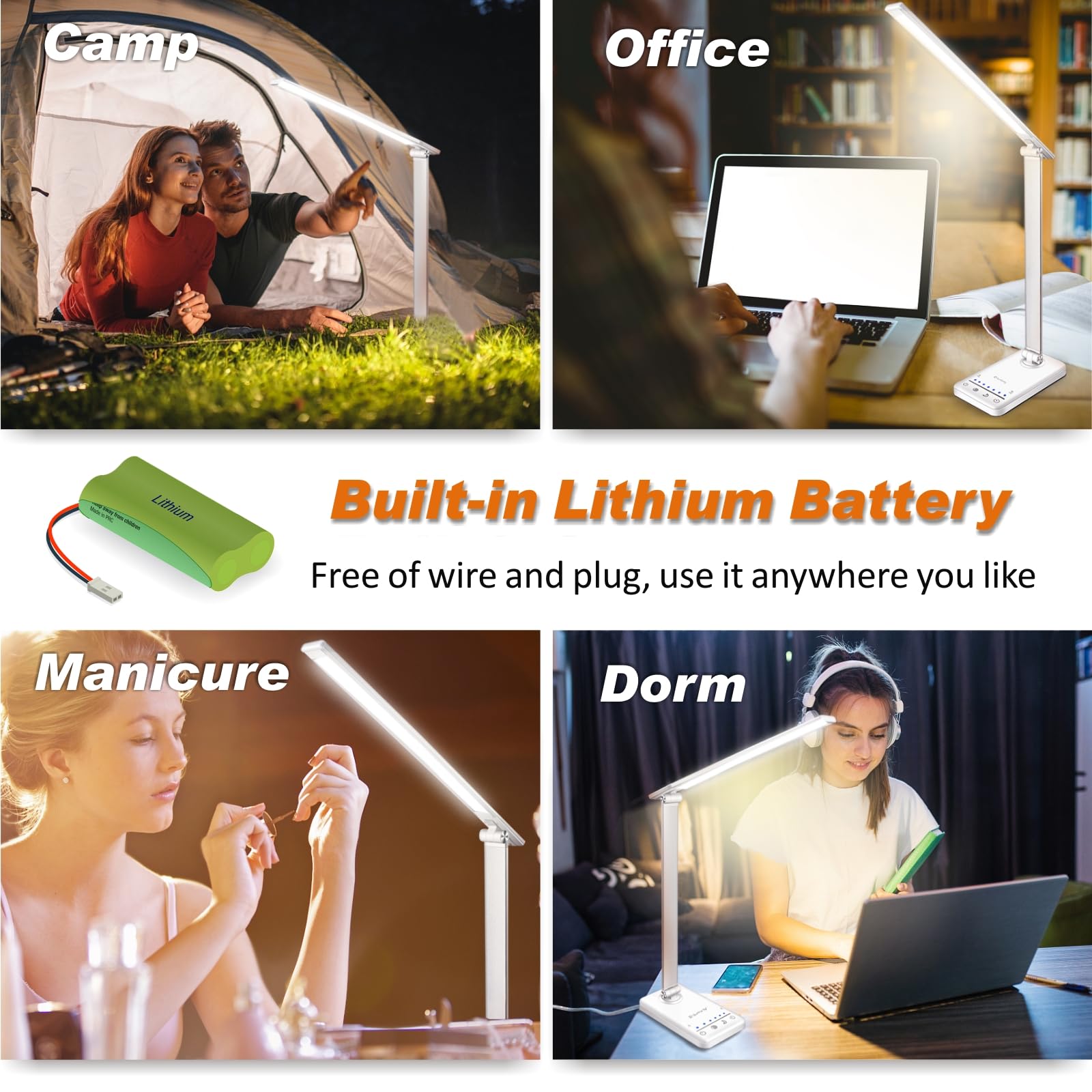 Lampada da tavolo a LED, senza fili, con porta di ricarica USB, 5 modalità di colore e 7 livelli di luminosità, luce notturna, timer per casa e ufficio (bianco)