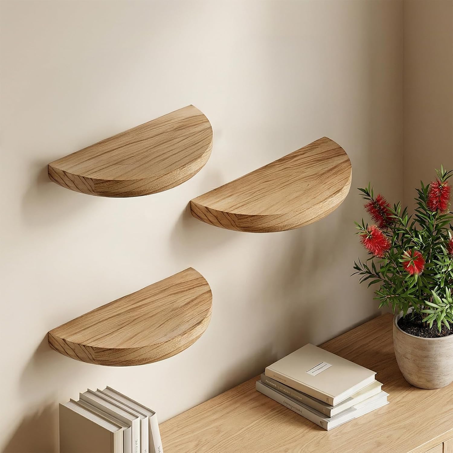 4 Pcs Small Floating Shelves for Wall,8.27 Inch Solid Wood Half Round Floating Shelves Rustic Sturdy Invisible Wall Mount Display for Small Plants for Living Room Bedroom