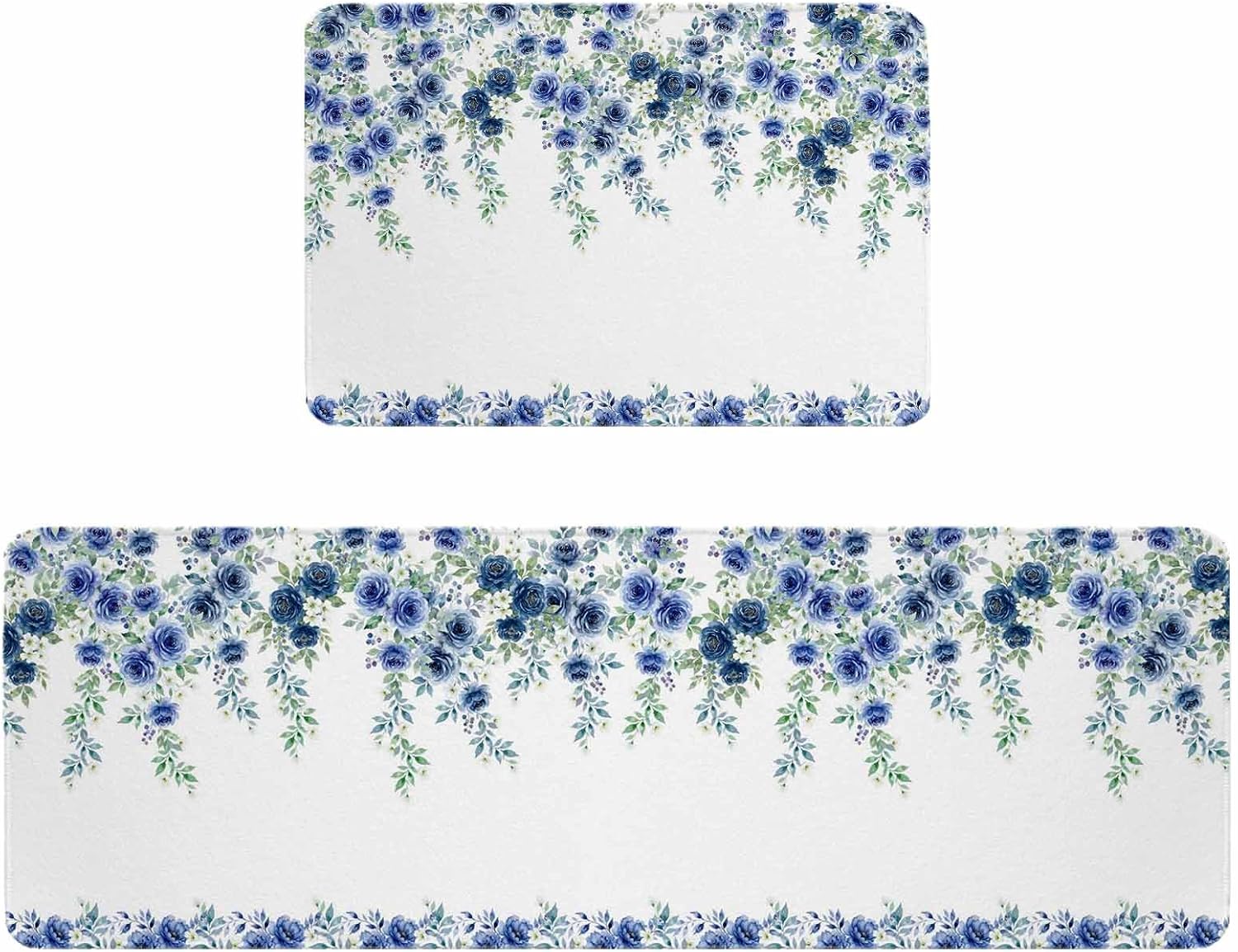 Vintage Navy Blue Roses Kitchen Rugs and Mats Set of 2, Non-Slip Kitchen Sink Mat, Spring Floral Elegant Pastoral Retro Art Washable Doormat Bathroom Rugs Runner for Bedroom 19.7"x31.5"+19.7"x47.2"