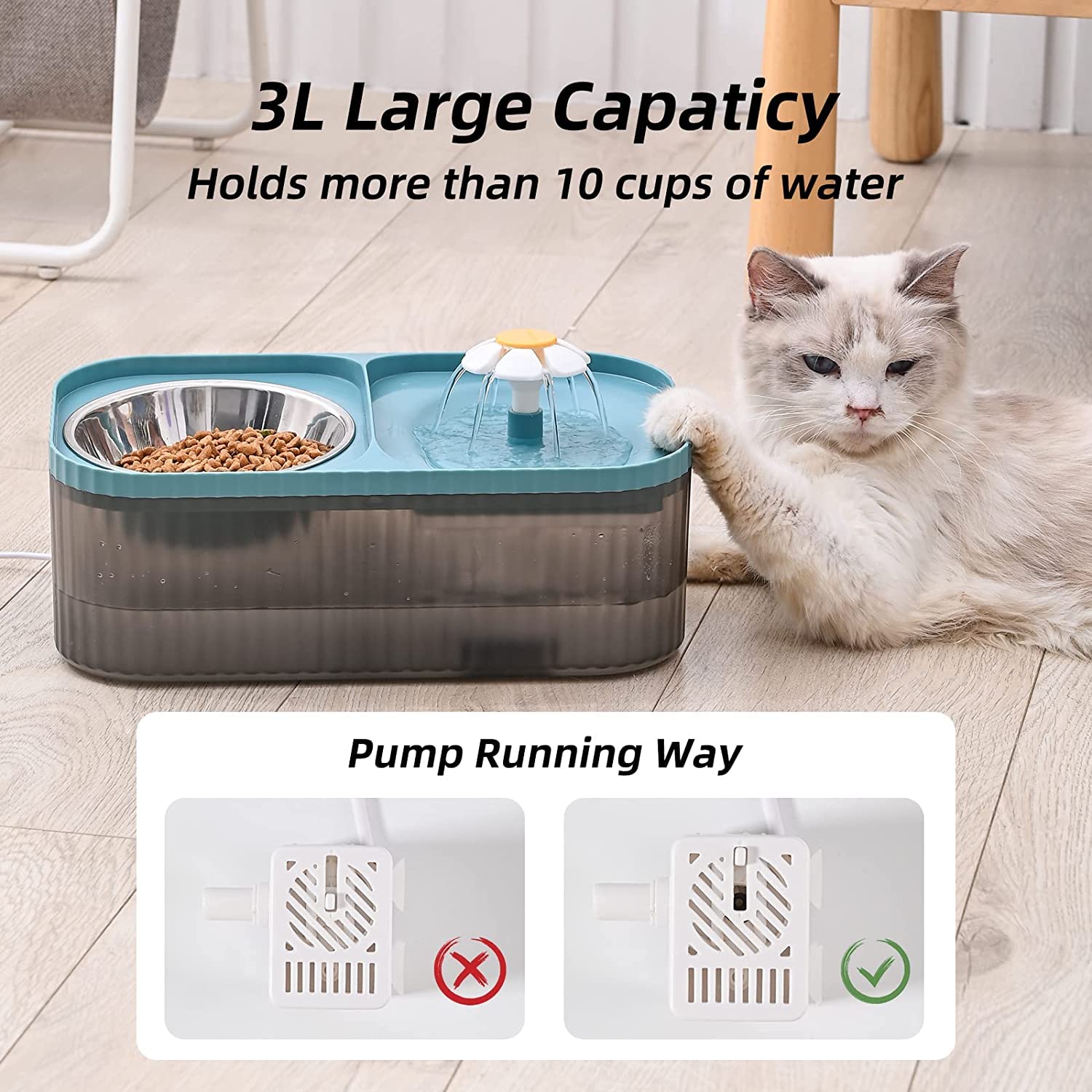Cat Water Fountain and Food Bowl, 3L Ultra Quiet Pet Water Dispenser with Smart Pump, Automatic Fountain & Stainless Steel Bowl - image 3