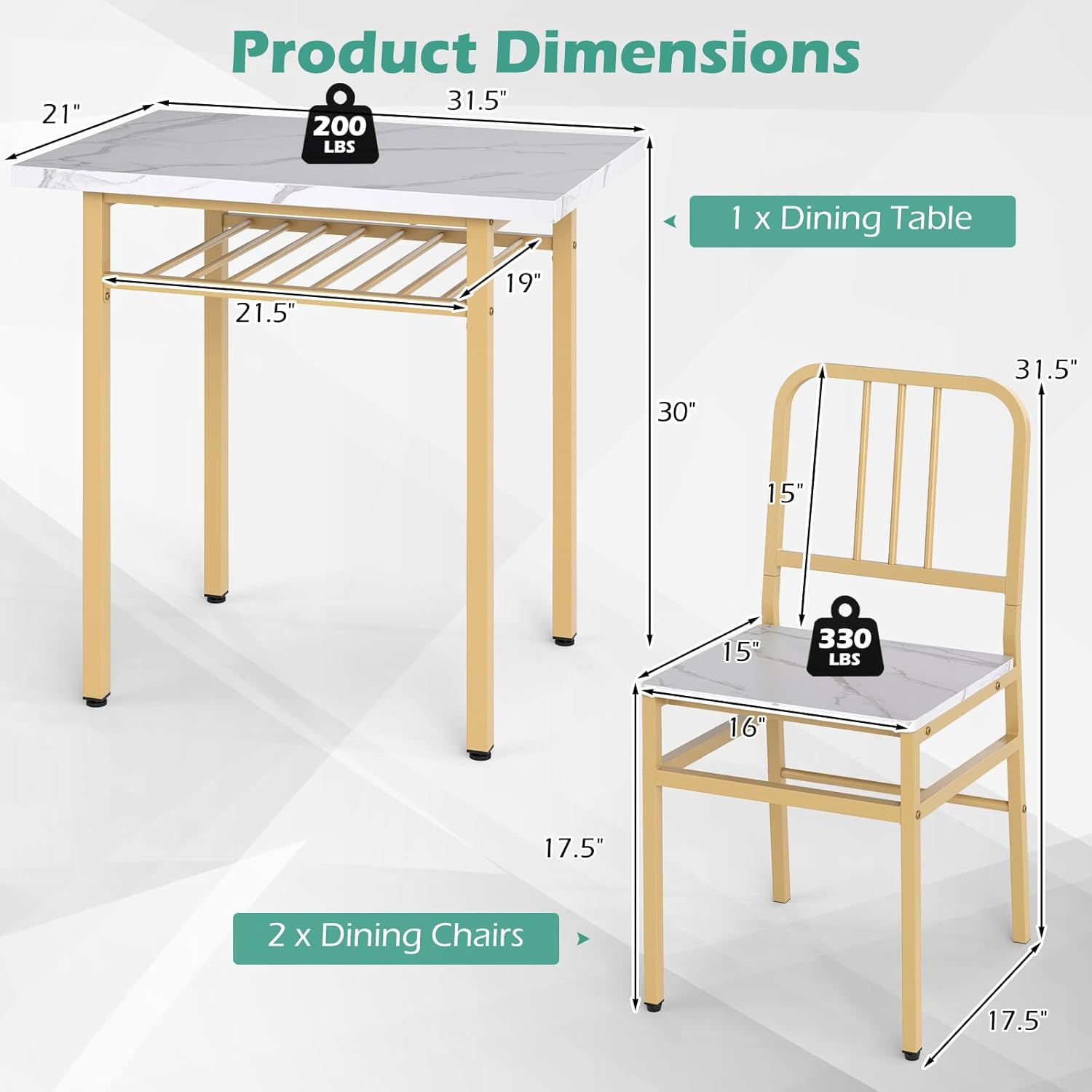 Giantex 3-Piece Dining Table Set, Rectangular Kitchen Table with Storage Rack and 2 Dining Chairs, Heavy-Duty Metal Frame, Space-Saving Dinette Set for Breakfast Nook, Apartment (White + Gold)
