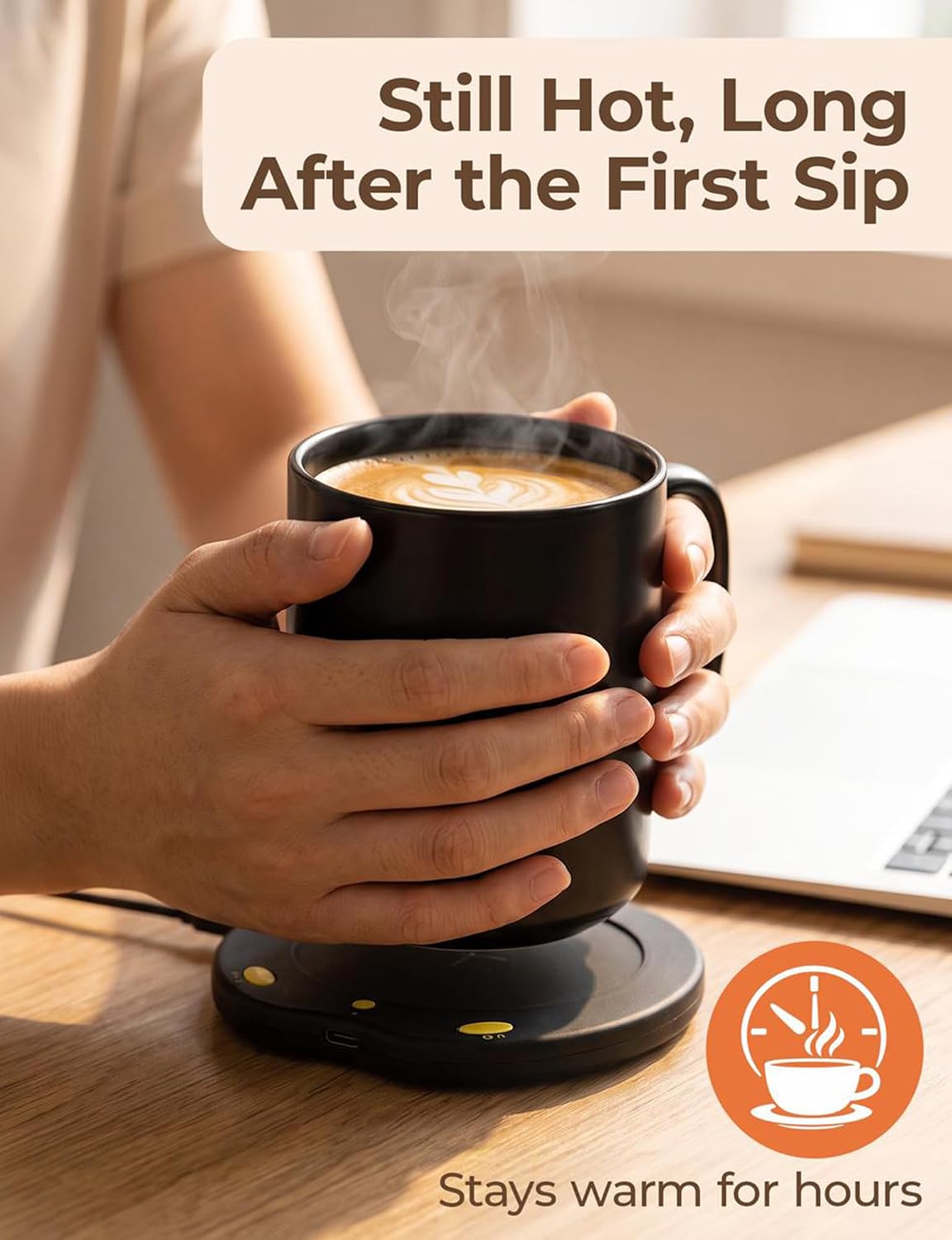 Wireless Heated Mug with Charging Base, 350 ml Ceramic Cup, Heart Shaped Warming Plate, Temperature Control, USB Type C, Black