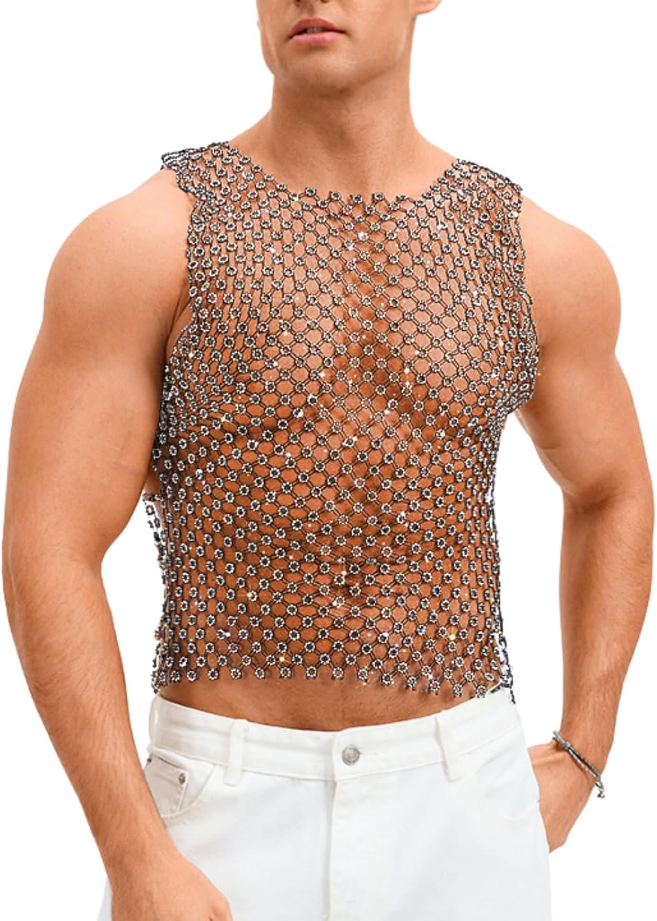ChiaoLezhee Side Slit Chain Tank Tops, Sparkly Floral Rhinestone Fishnet Sexy Rave Festival Outfits (Fits Chest 30-40")
