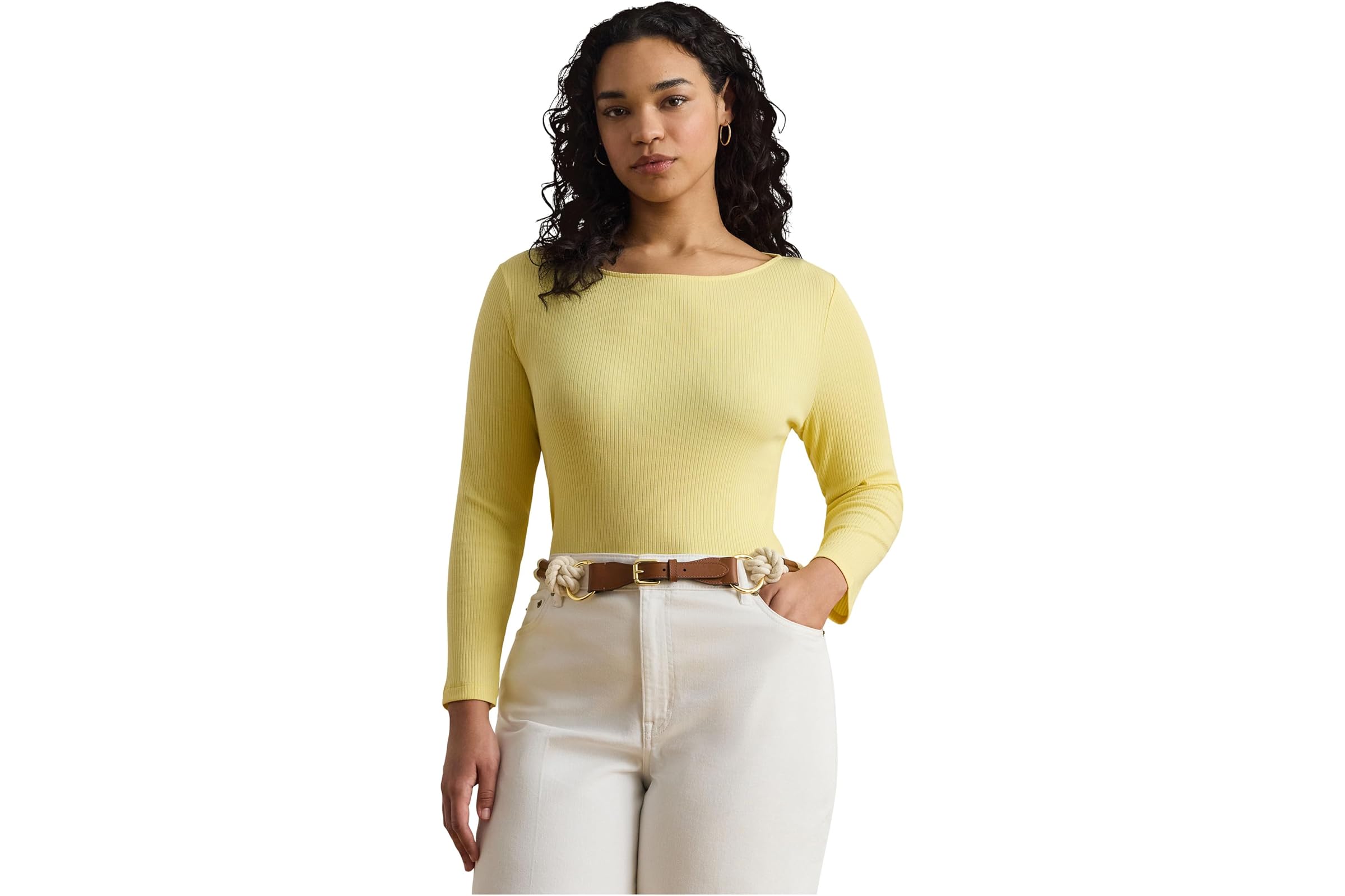 Lauren Ralph Lauren Plus Size Rib-Knit Cotton-Blend Boatneck Tee lemon sorbet 17290₽