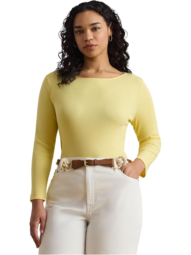 Yellow Lauren Ralph Lauren Plus Size Rib-Knit Cotton-Blend Boatneck Tee
