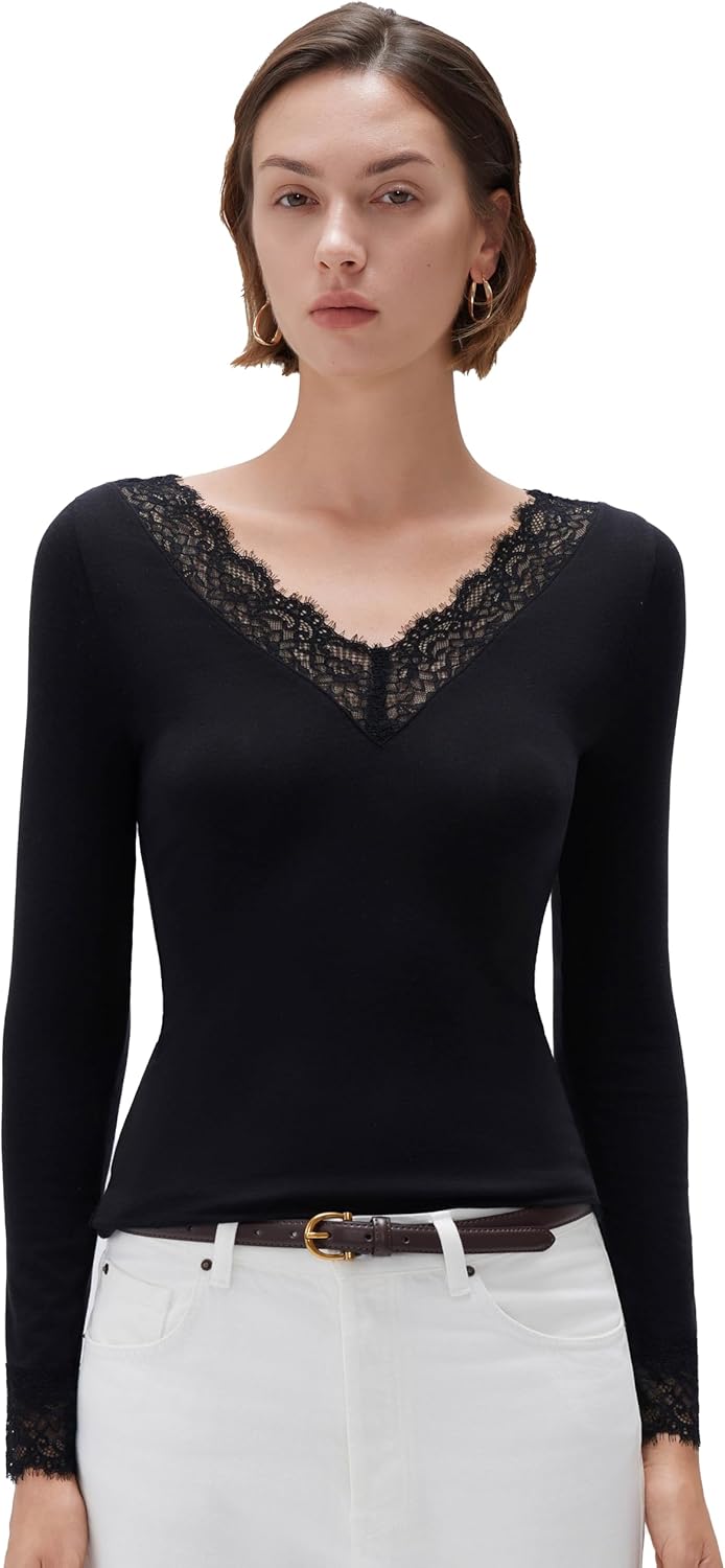 SUUKSESS Cloud Cashmere Women Basic Tops V Boat Neck Lace Long Sleeve Shirt