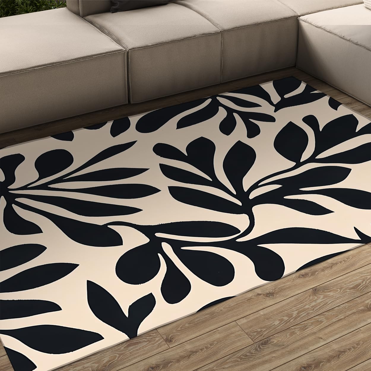 Boho-Teppiche 90x180cm Waschbare Wohnzimmer-Teppiche Low Profile Abstract Leaf Muster Rutschfester Teppich für Küche Schlafzimmer Esszimmer Schwarz Beige