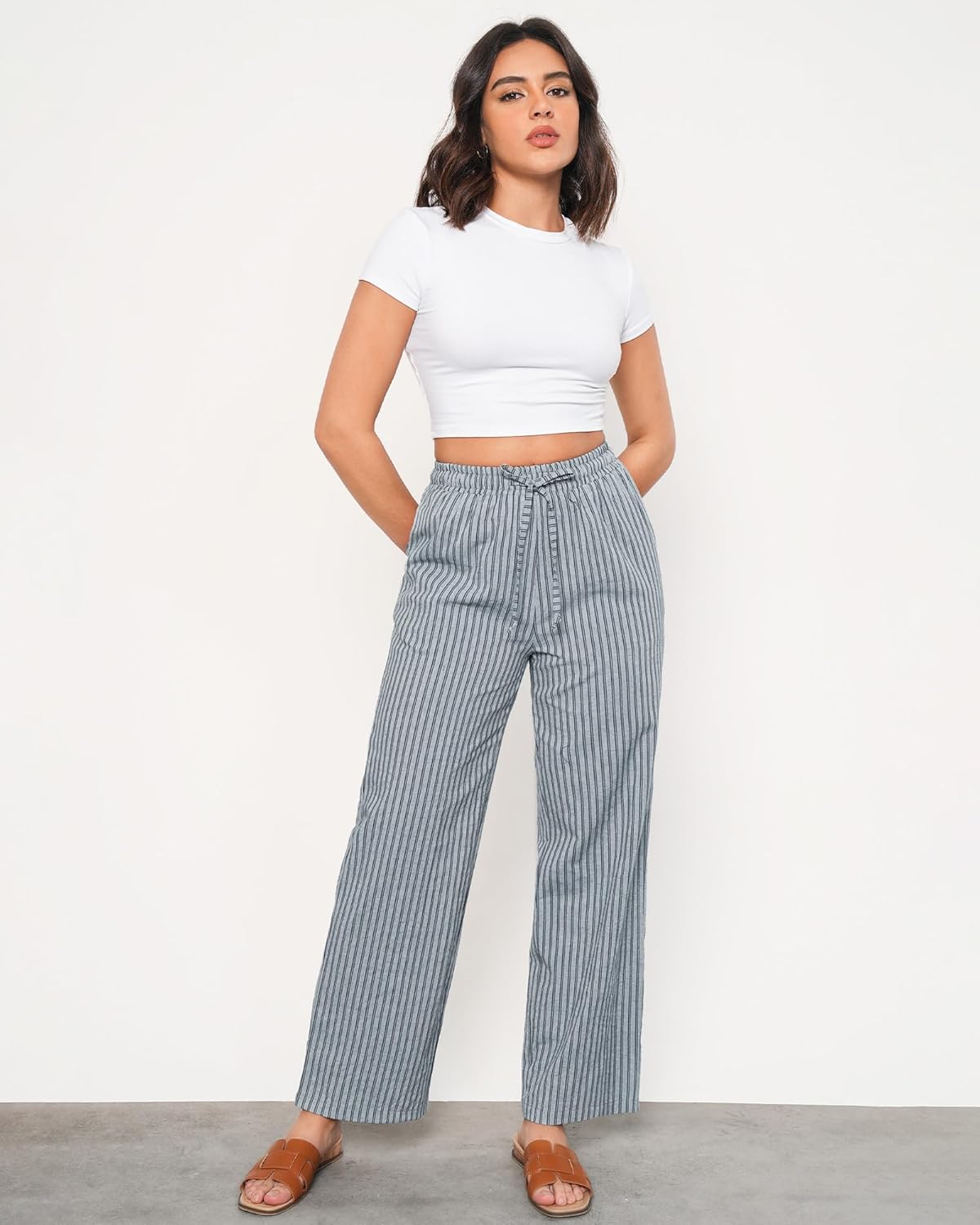 GRAPENT Striped Pants for Women High Waisted Wide Leg Cotton Linen Trendy Beach Pull on Elastic Waist Casual Flowy Pants - Image 2