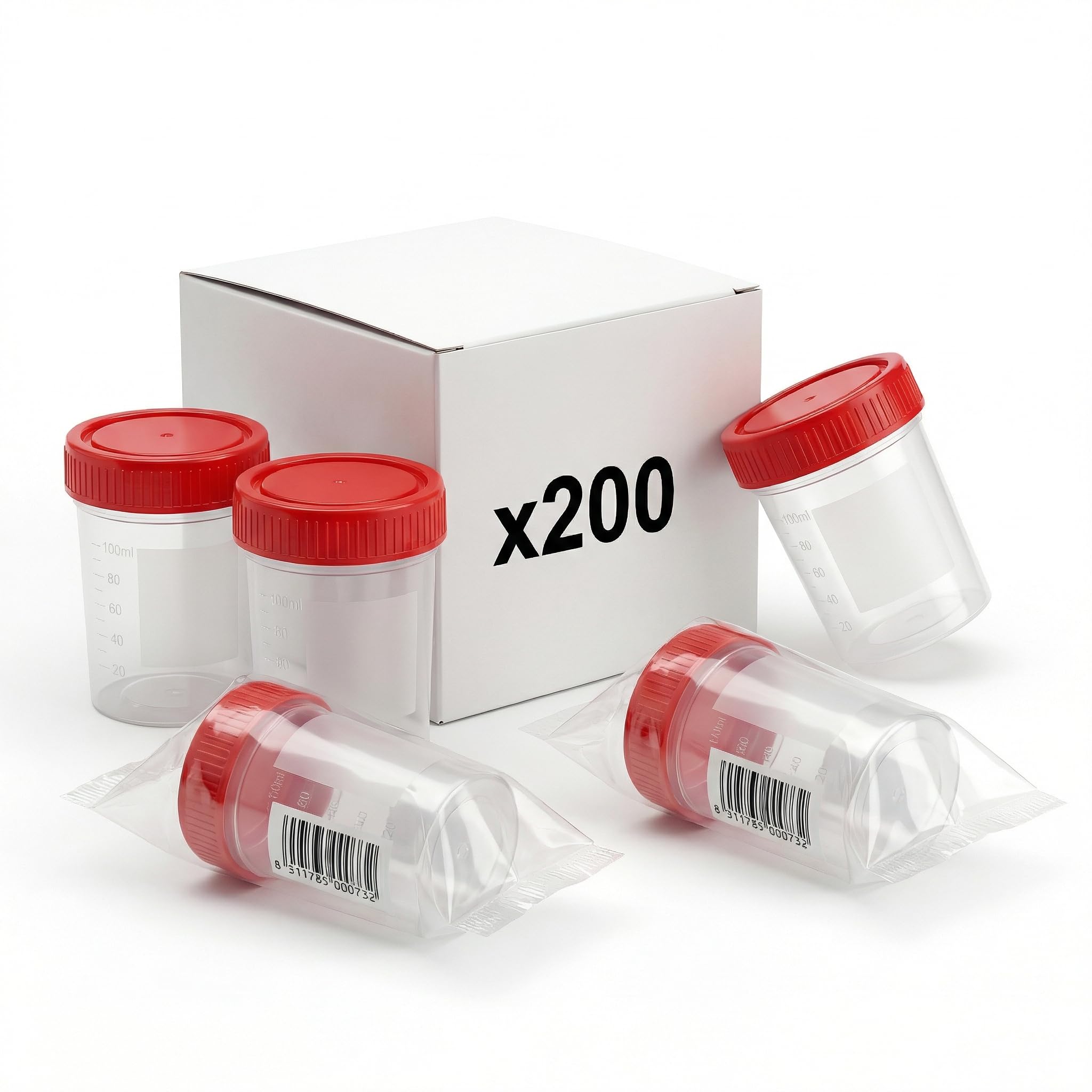 KMINA Colector de Orina 120 ml (200 unidades), Bote de Muestra con Tapón de Rosca Rojo, Graduado y con Banda Mate para Rotular, Higiénico