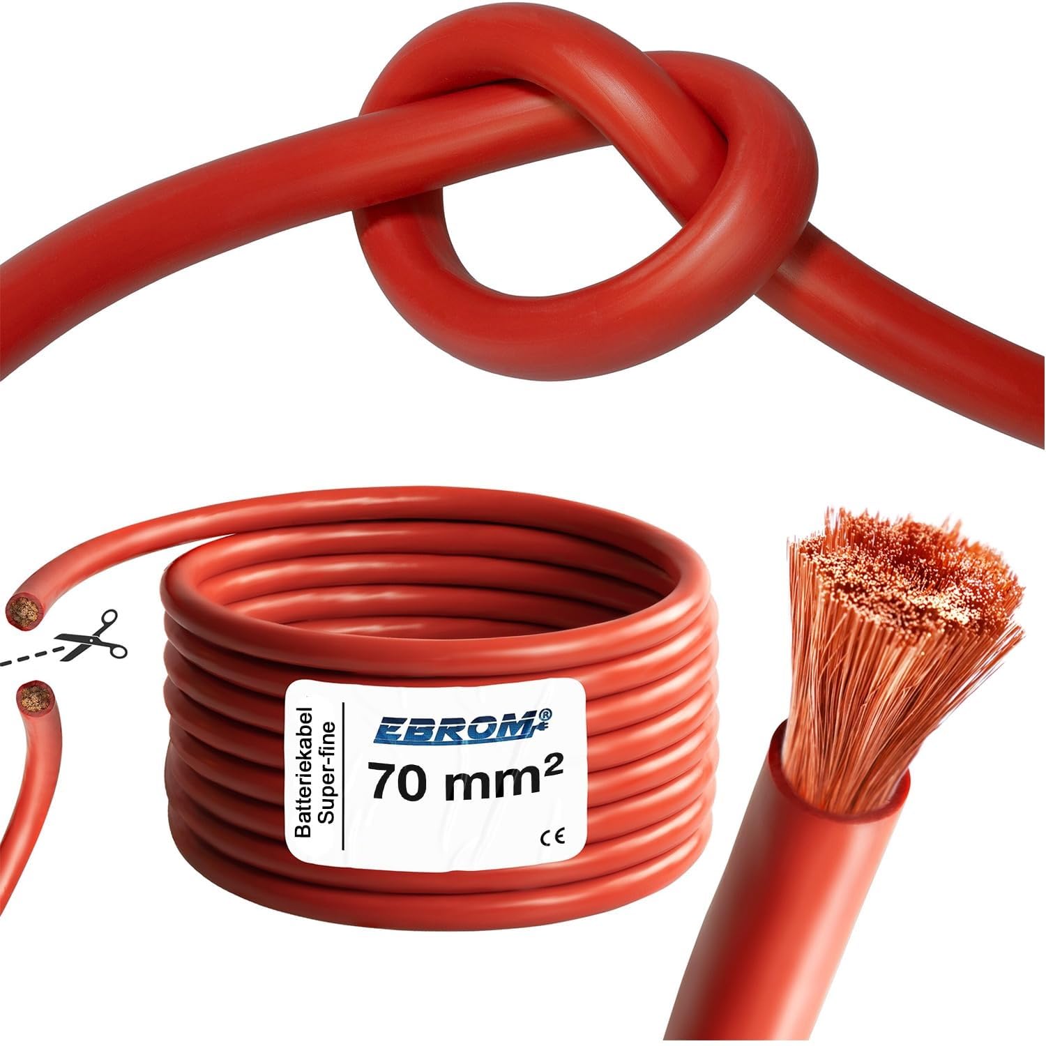 EBROM Cable de batería de 70 mm², rojo, cobre fino, muy flexible, PVC blando, OFC 99,9%, por metro