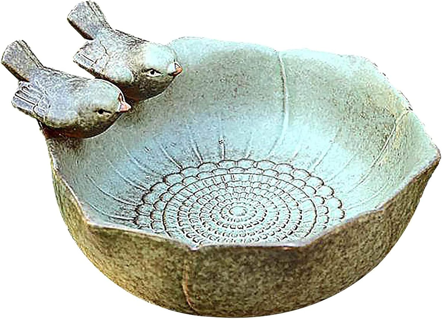 Dequate Vogeltränke, frostsicher stehend, Gartendeko, winterfester Stein mit 2 Vögeln, Vogelbecken, Tränke, Futterstein, 16 x 16 x 8 cm