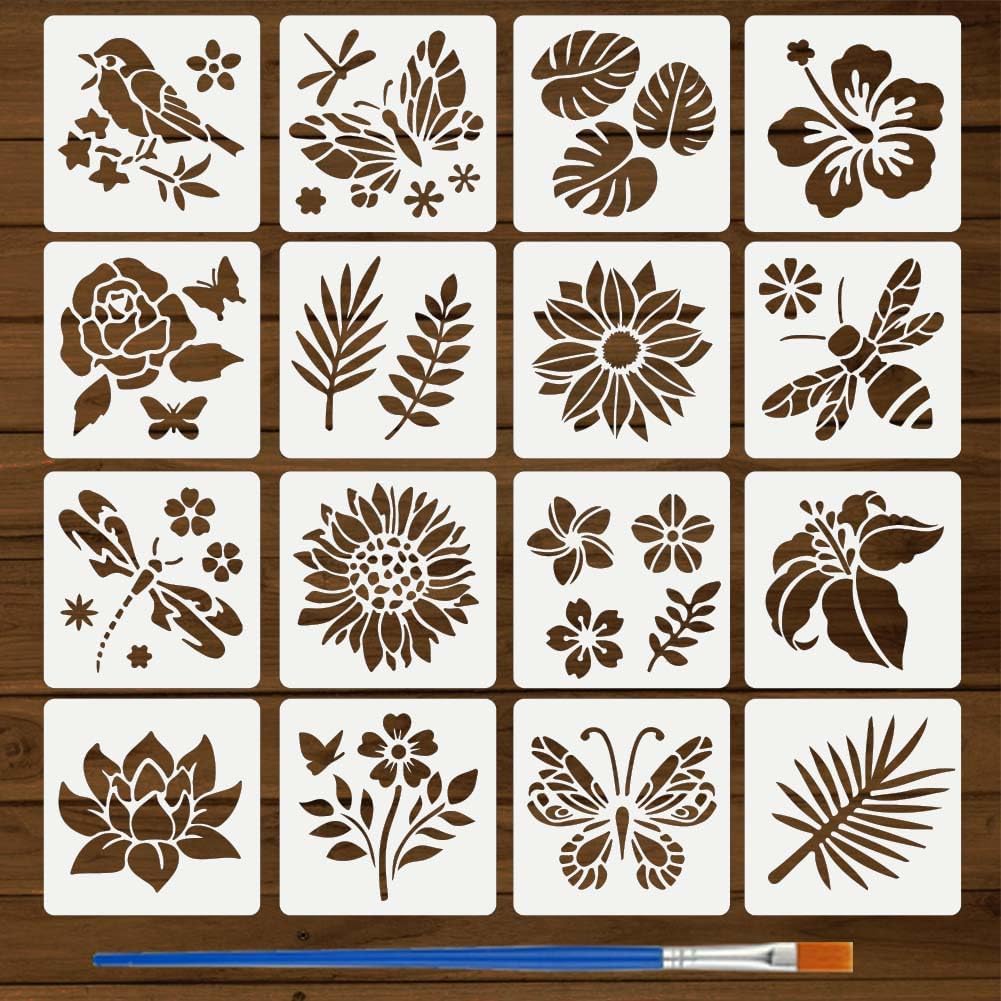 FINGERINSPIRE 16PCS Graffiti Patterns Stencils with Paint Brush 5.9x5.9inch Flames Stencil Splatter and Stain Stencils Graffiti Theme Template for Painting on Wall Wood Furniture DIY Home Decoration