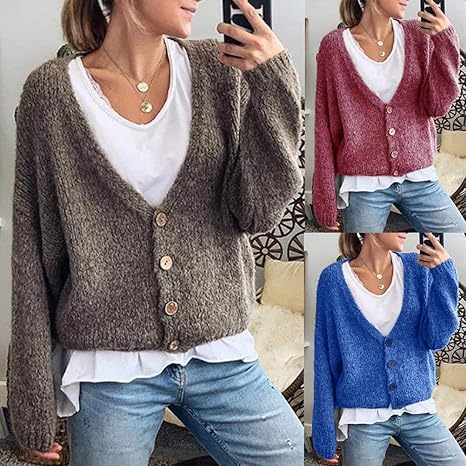 Damen Strickjacke Kurz - Elegante Cardigan Mit Knopfleiste Open Front