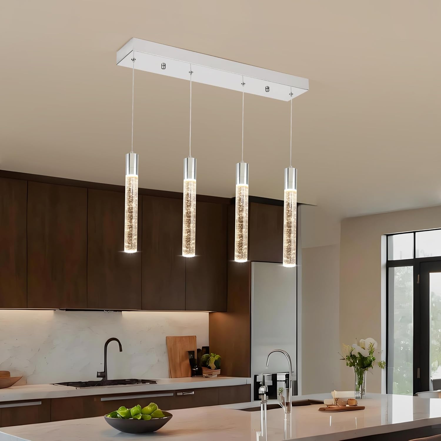 4 Light Pendant Lights Kitchen Island, Modern Chrome Crystal Pendants with Dimmable 3000K-6000K LED Ceiling Hanging Light Fixture for Dining Room Bedroom, Adjustable Height 59"