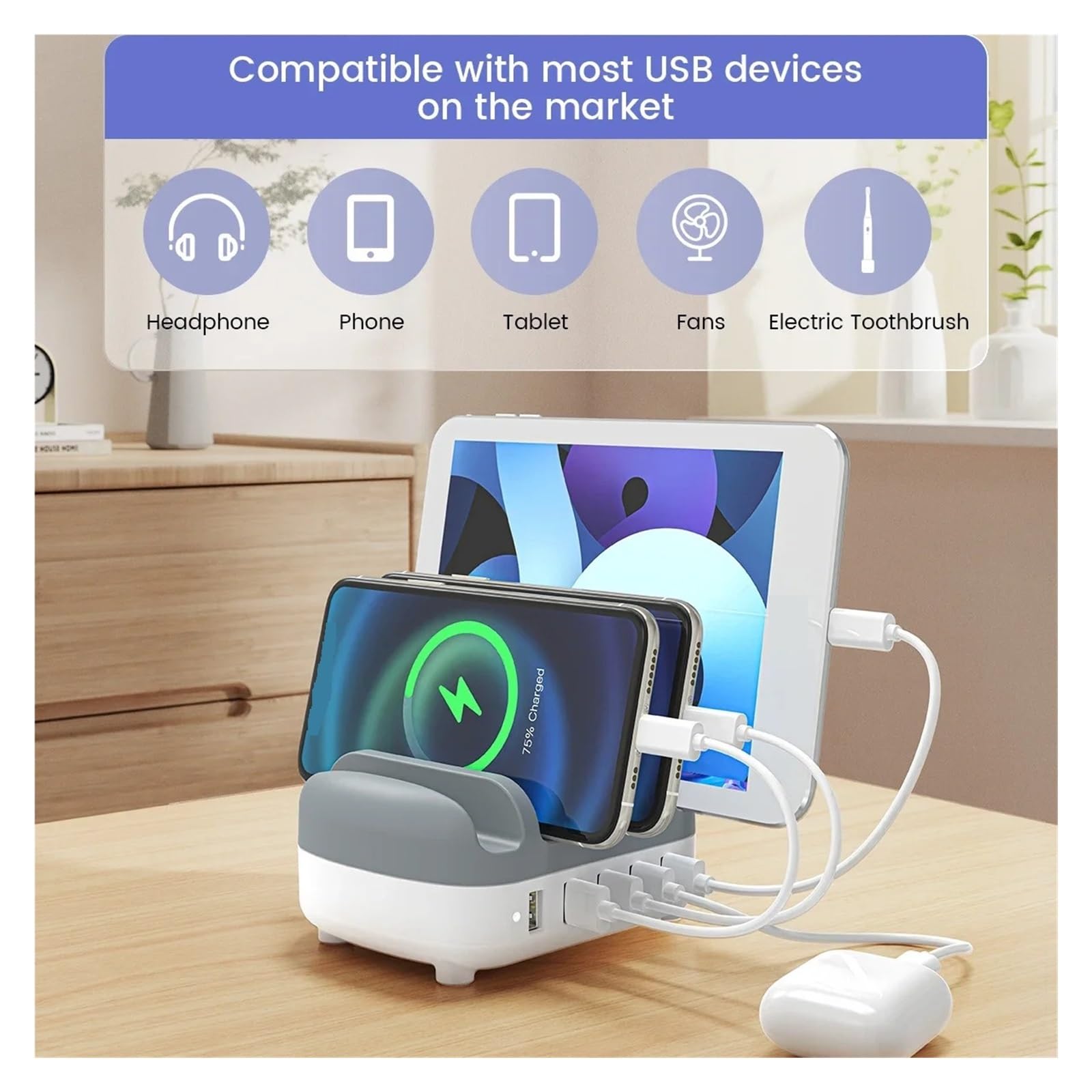 Kabel USB Do Ładowania Tabletu PC 5 Portów Stacja Ładująca Dokująca Z Uchwytem 40 W 5V2.4A MożLiwość Szybkiego łAdowania(White)