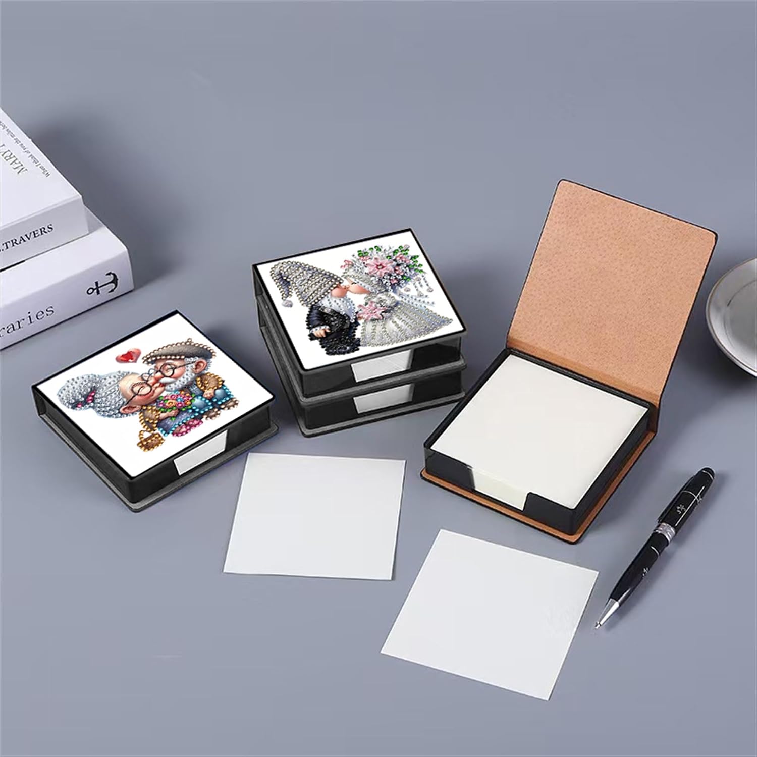 Diamond Painting Note Box Memo Pad Holder,Diamond Art Sticky Notes Organizer for Desk, Aesthetic Stationery Storage Case for Office,School Supplies (Old man) image 3