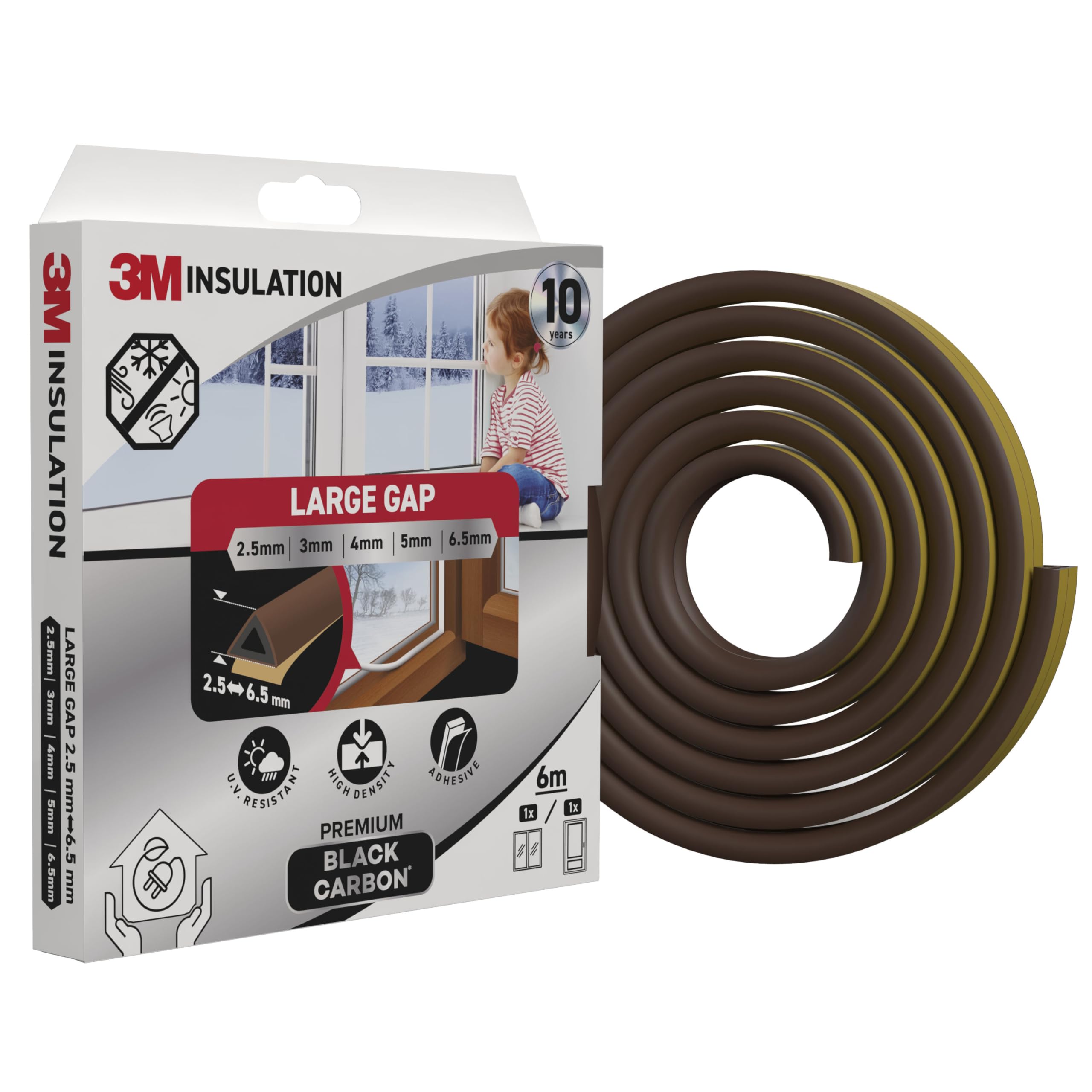 3M Premium Insulation Foam Seal, 6m, Brown, Large Gap up to 6.5mm, Self-Adhesive Rubber Black Carbon for Insulating Gaps in Windows and Doors, Enhanced Strength, UV resistant, Long-lasting Performance