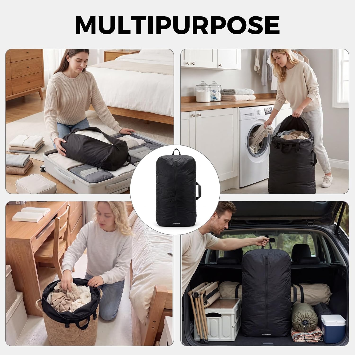 Travel Laundry Bag, Foldable Dirty Clothes Bag with Two Ways to Open, 40L Reusable Waterproof Laundry Bag, Large Capacity Travel Bag for Wet or Dirty Clothes for Travel, Camping & Storage (Black)