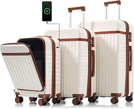 DEINPPA Luggage Set of 3, 20inch with USB Port, front opening design Airline Certified Carry on Luggage, ABS Hard Shell Luggage with Spinner Wheels,White and Brown