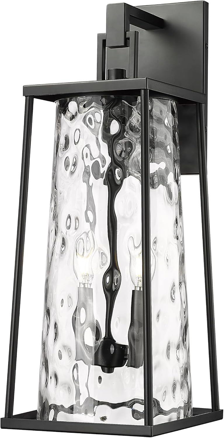 ML Lighting | Dutton Collection | 10602-PBK | 2 Light Outdoor Wall Sconce in Powder Coated Black with Textured Glass Shade | Perfect for Walkways, Porches, Backyards, Patios, and Driveways