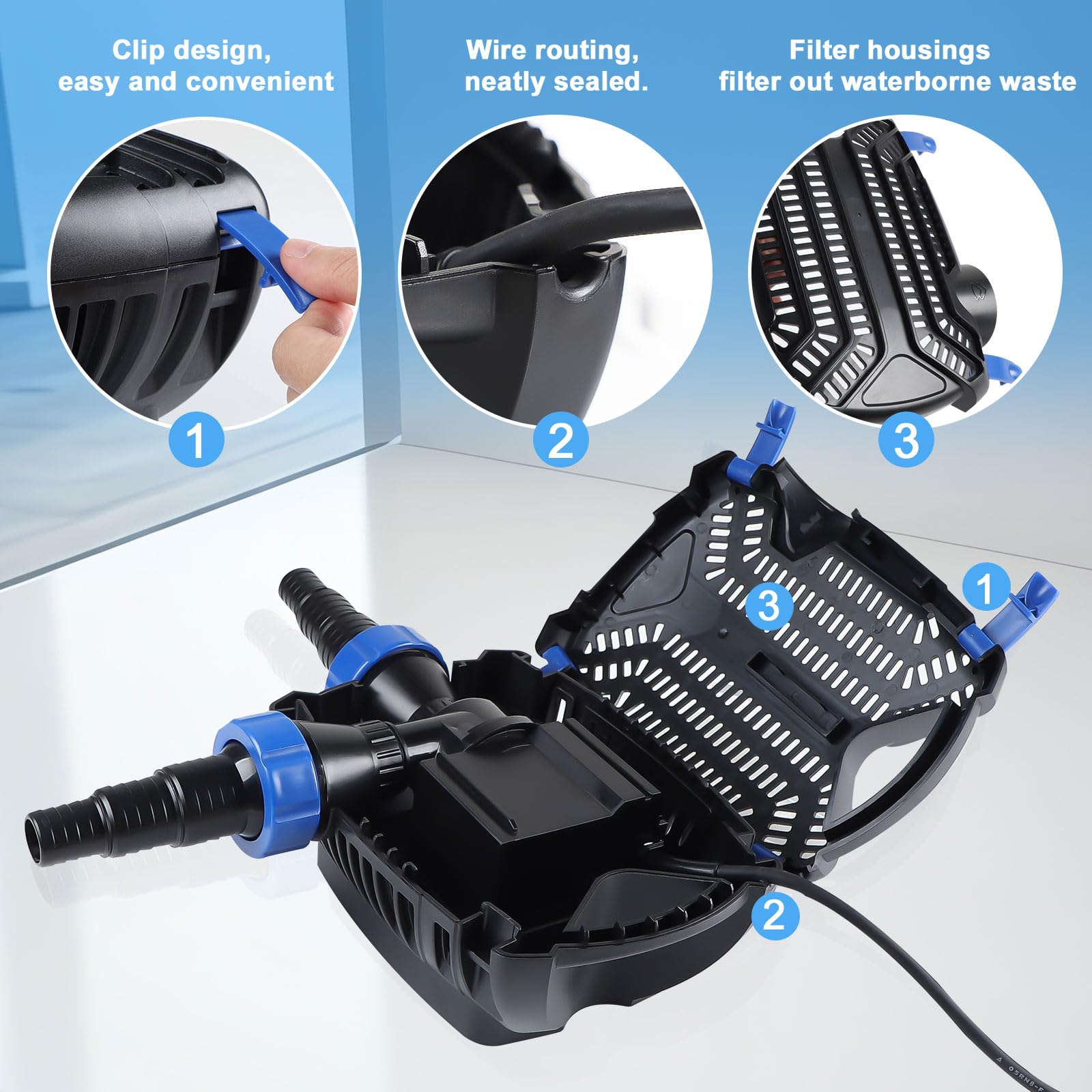 EXLECO Eco Teichpumpe Filterpumpe 40W max. 6000L/H Teichfilter Energiesparende Bachlaufpumpe für Gartenteich Teich Pumpe mit filter Kabellänge 10M Umwälzpumpe für Außen Wasserfall Bachlauf Koiteiche