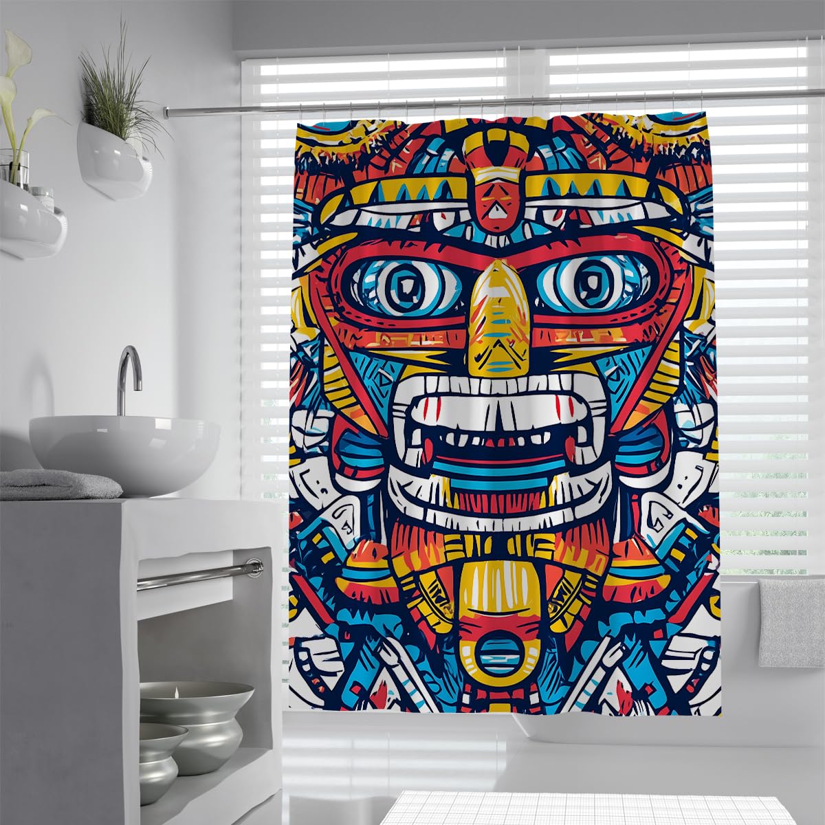 UERWOWELL Psychedelic Aztec Bath Curtain Pop Art Graffiti Shower Curtain Tribal Bathroom Decoration Abstract Mystical Faces Design Shower Curtain W90xL180 cm