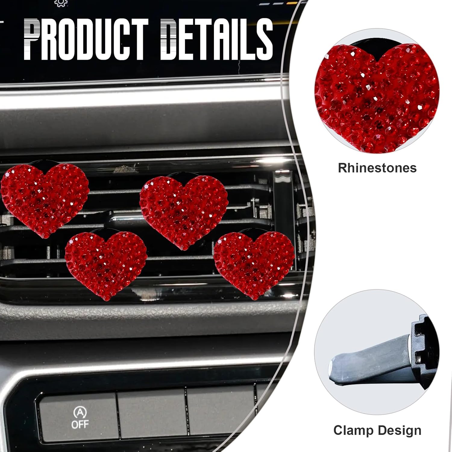 NTNEV 4PCS Car Bling Air Vent Clips, Car Air Conditioner Air Outlet Clip, Heart Shaped Crystal Rhinestone Accessories, Universal Car Decoration Accessories, Air Conditioning Outlet Clip (Red)