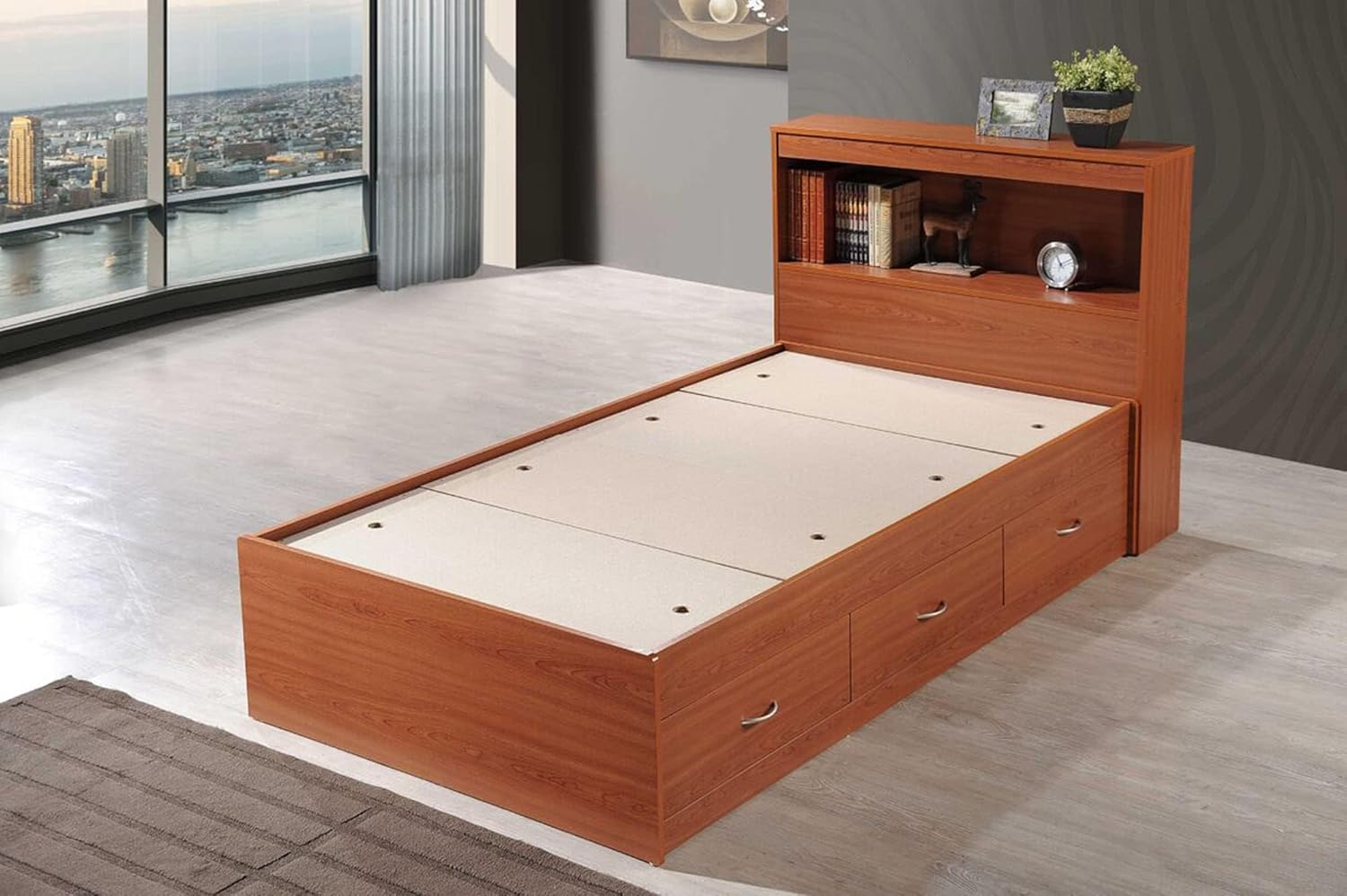 Pemberly Row Twin Captain Storage Bed with Bookcase Headboard, 3 Drawers, 84.5” L x 41.4” W x 35” H, No Box Spring Required, Oak