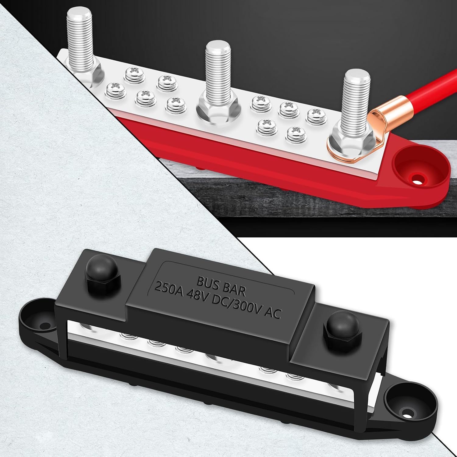 250A Power Distribution Block, 12V Bus Bar Marine 5/16" Stud, Busbars 12 Volt DC Battery Buss Bar, Automotive Busbar Terminal Block with Cover for Car and Boat (Black+Red)