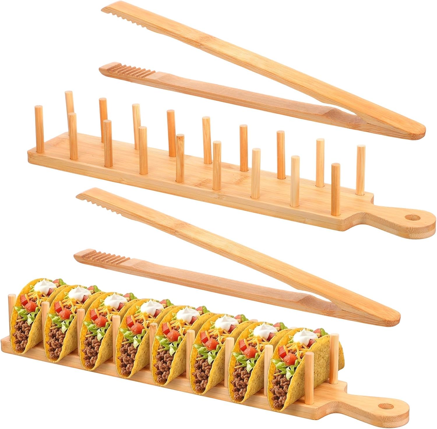 2-Pack Bamboo Taco Holder with Tongs, Each Holds 8 Tacos, Wooden Tacos Rack Tray Stand for Hard or Soft Shells, Burritos, Tortillas, for Taco Night, Party, Kitchen Accessories, Housewarming Gift