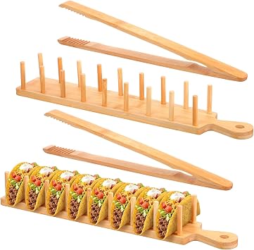 2-Pack Bamboo Taco Holder with Tongs, Each Holds 8 Tacos, Wooden Tacos Rack Tray Stand for Hard or Soft Shells, Burritos, Tortillas, for Taco Night, Party, Kitchen Accessories, Housewarming Gift