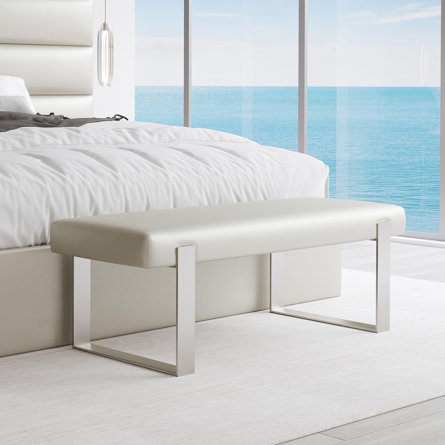 VANT Upholstered Bed Bench - Metallic Neutral Champagne - Brushed Nickel - Contemporary Modern, Bedroom Bench Seat, Hallway, or Entryway