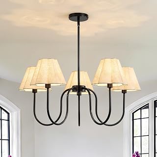 Black Chandeliers for Dining Room, 28" Light Adjustable Antique Modern Gold Chandelier Light Fixture with Scalloped Linen Fabric Shade, Classic Kitchen Pendant Lights Over Table for Bedroom