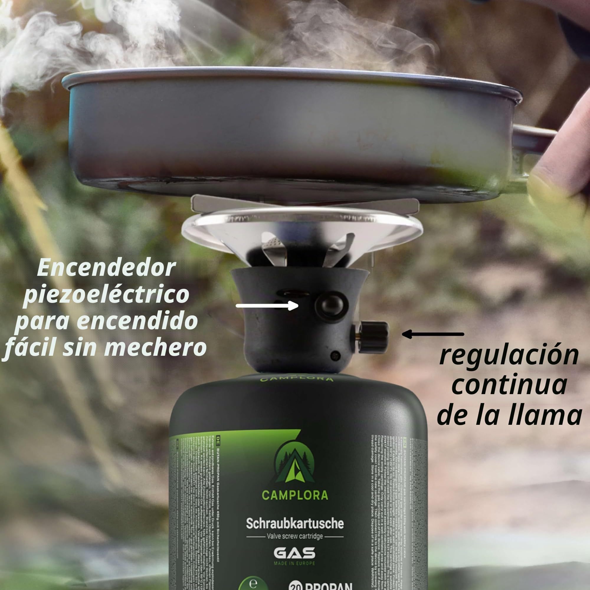 CAMPLORA hornillo de gas con 5 cartuchos y encendido piezoeléctrico, ideal para camping o mochilero | Encendido piezoeléctrico de 1,1 kW, camping y mochilero, cocina de gas con cartucho, estufa de gas para exteriores, pequeña