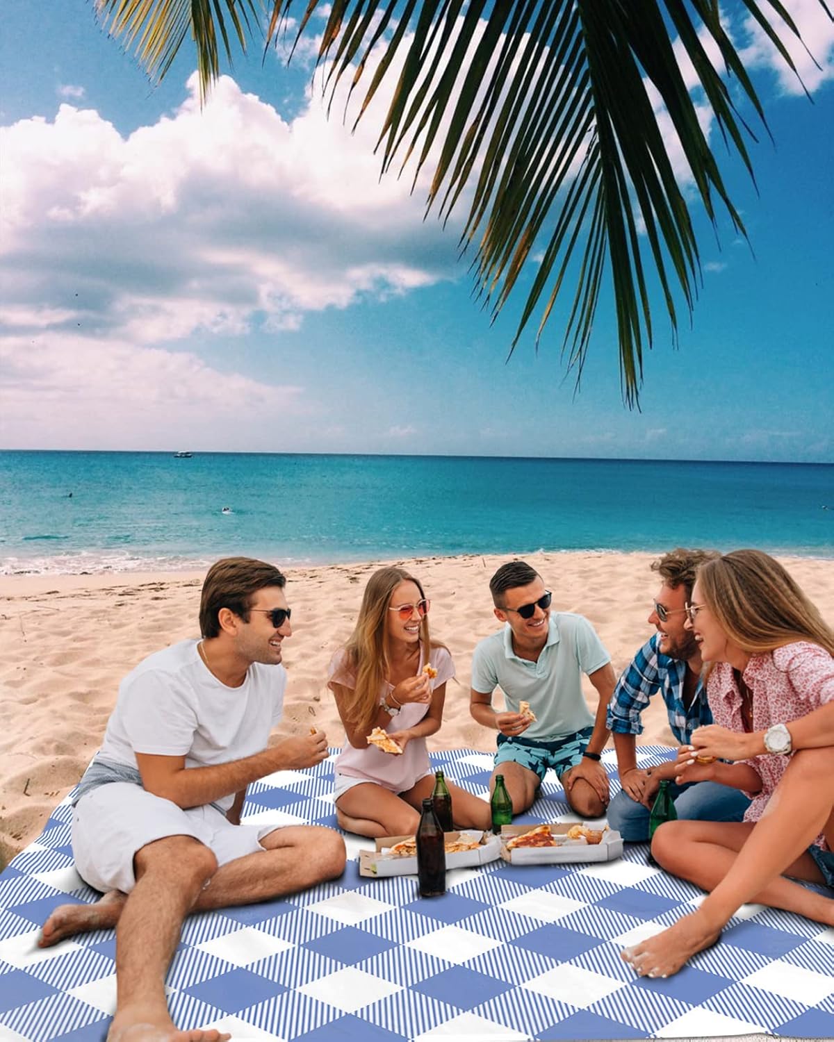 Farmhouse Diamond Plaid Beach Blanket Waterproof Sandproof Outdoor Picnic Mat 118"x108" Buffalo Lattice Tartan Lightweight Large Beaach Blankets with 4 Stake & 4 Corner Pockets