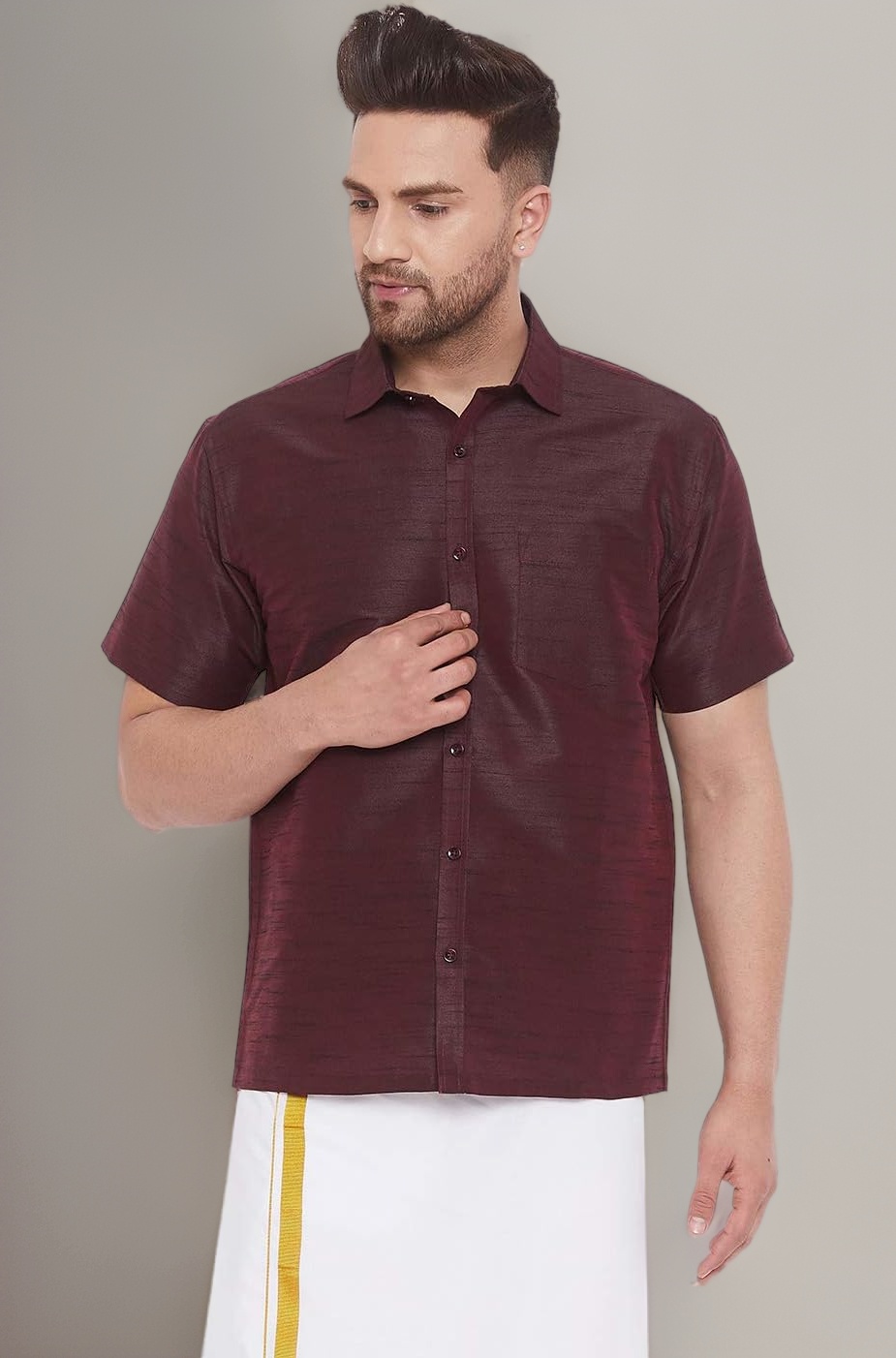 VASTRAMAY Men's Silk Blend Ethnic Shirt - Half Sleeves, South Indian Traditional Shirt for Weddings, Festivals, & Casual Wear