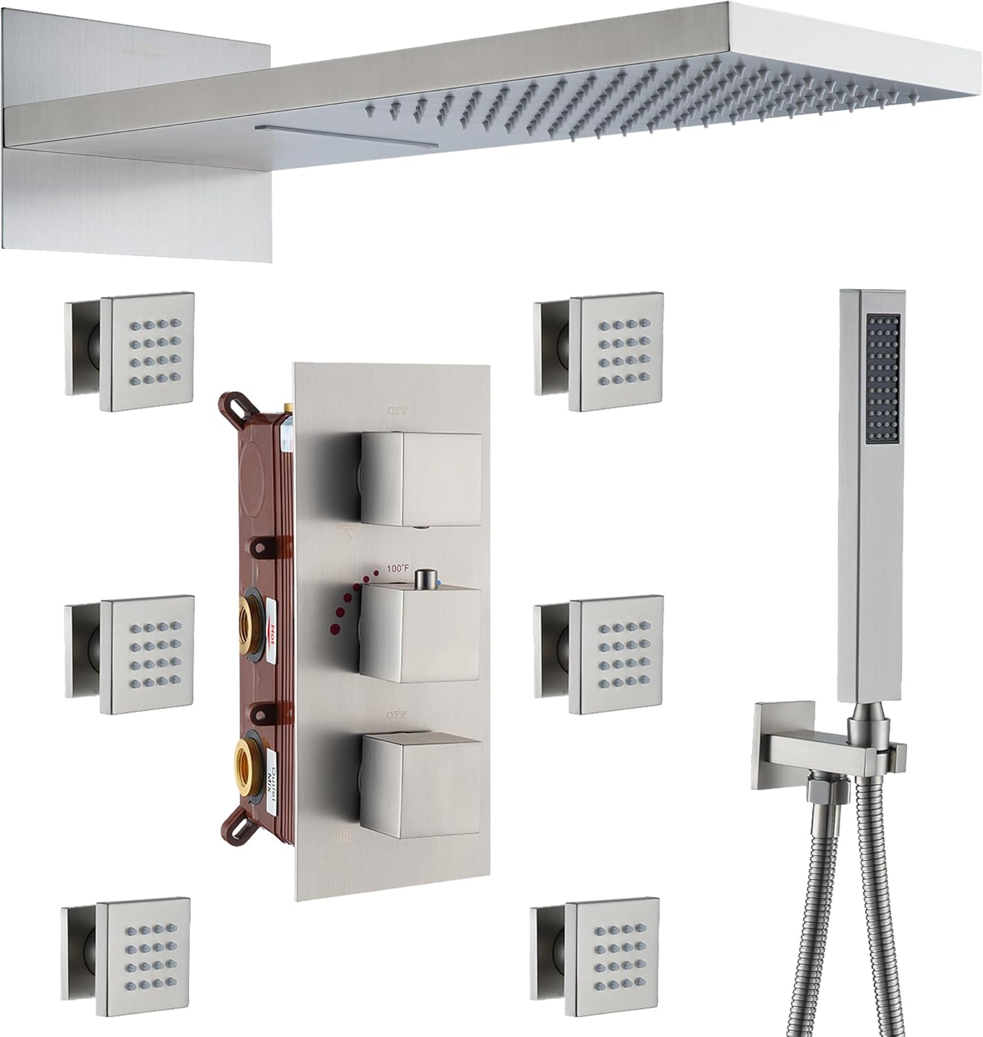 MONDAWE 22 Inch Thermostatic Shower System in Brushed Nickel, Wall Mounted Shower Head with Handheld Spray and 6 Body Jets, High Pressure Waterfall Bathroom Shower Faucet Set with Solid Brass Valve