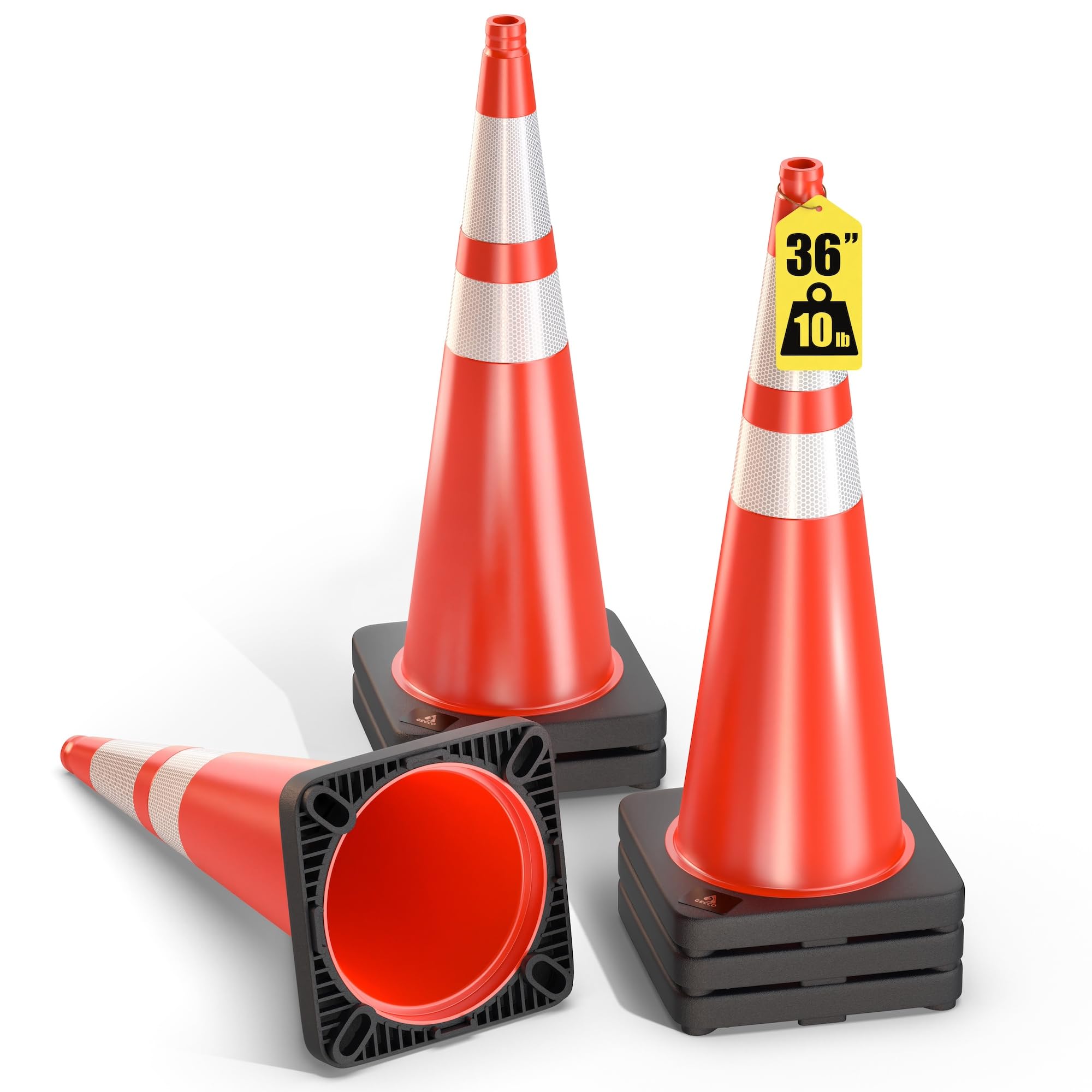 GECCO ™ (8 Pack) 36 Inch 10 Lb Heavy Tall Orange Traffic Cones Set | Large Safety Cones, Orange Cones, Parking Cones, Construction Cones, Road Cones | PVC Plastic & Black Base - [PRO Series]
