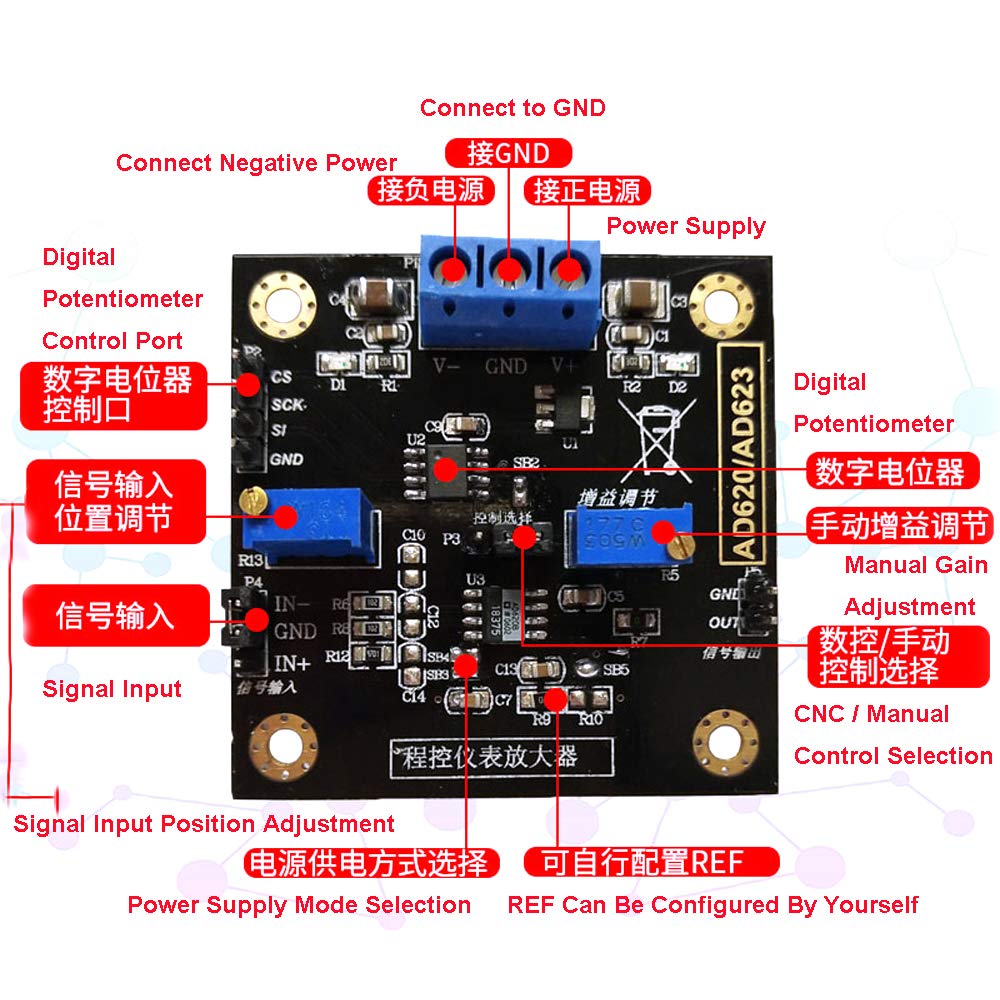 Instrumentation Amplifier AD620 Voltage Amplifier CNC MCP41010 Gain Adjustment Differential Signal Module